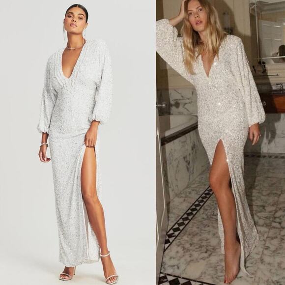 Retrofête White Sequin Maxi Dress XS NWT Bridal Wedding Reception Gown Slit - Picture 7 of 10